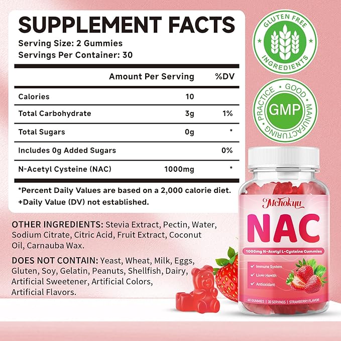 NAC Gummies for Adults & Kids 1000mg Per Serving, NAC Supplement N-Acetyl Cysteine for Immune, Glutathione & Antioxidant Support, Sugar-Free Vegan Strawberry Flavor, 120 Count