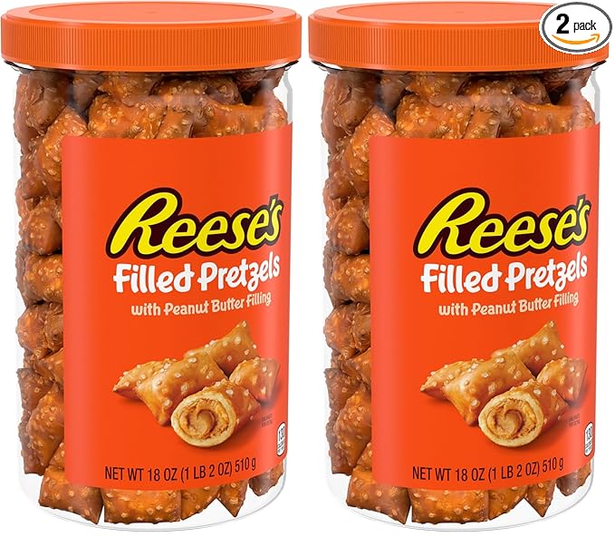 Reese's Filled Pretzels,Peanut Butter Pretzel Nuggets,Crunchy,Ready to Eat,Sweet and Salty Snack,18oz Jar,(Pack of 2)