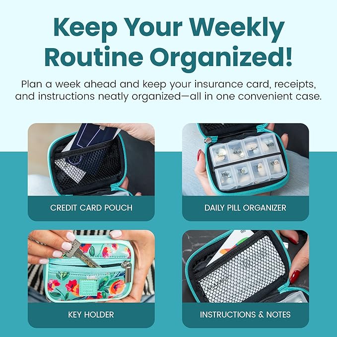 Made Easy Kit Pill Case - Weekly Medicine Organizer with Removable Seven-Day Vitamin & Supplement Box - Premium Neoprene for Travel Purse Accessory (Purple Stained Glass)