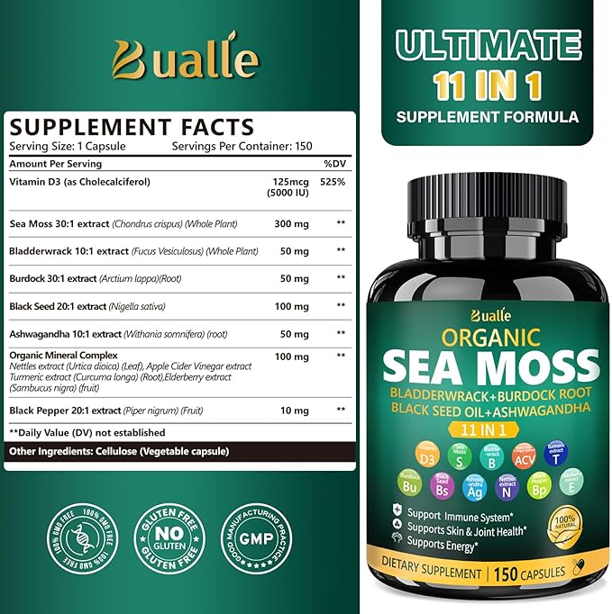 Bualle Irish Sea Moss Capsules – Organic Sea Moss, Black Seed Oil, Ashwagandha Supplements with Bladderwrack, Ginger & Burdock Root – Supports Daily Wellness, Skin & Energy – 150 Count (1 Pack)