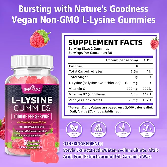 L-Lysine 1000mg Gummies for Immune Support & Skin Health - High Potency Vegan, Sugar-Free, Gluten-Free Supplement with Natural Raspberry Flavor for Adults & Kids - 60 Gummies