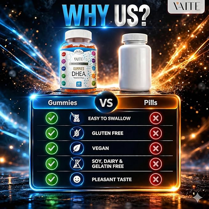 VAITE DHEA 50mg Gummies for Men and Women – Hormone Balance, Energy & Mood Support – Immune System Booster – Vegan, Gluten-Free, Non-GMO – Perimenopause & Menopause Supplement 60 Chews