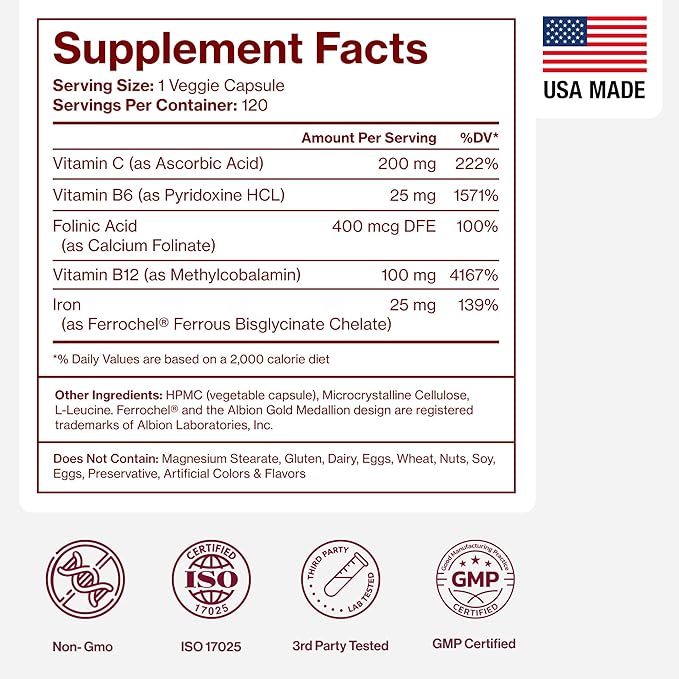 Iron Supplement for Women - Gentle Chelate Iron Bisglycinate 25mg with Vitamin C, B6, B12 Folic Acid – Supports Iron Deficiency, Menstrual Health & Energy - 120 Count