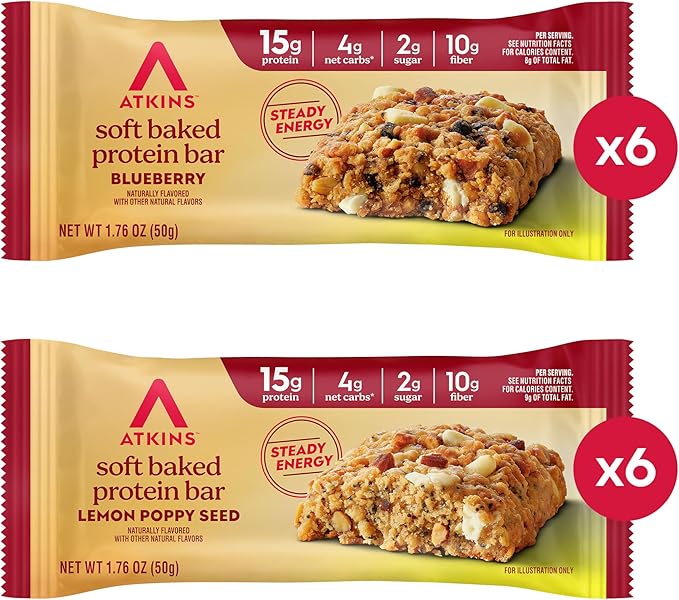 Atkins Soft Baked High Protein Bars, Lemon Poppyseed & Blueberry Flavors, 15g Protein, 4g Net Carbs, 2g Sugar, Keto Snacks, Low Sugar Protein Bars, High Fiber Snacks, 12 pk (6 bars each flavor)