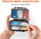 Travel Pill Organizer - Moisture Proof Portable Vitamin Holder with 7 Compartments, Compact Supplement Case for Purse Essential Medicine Kit fot Traveling Pocket Pharmacy with Labels, Black