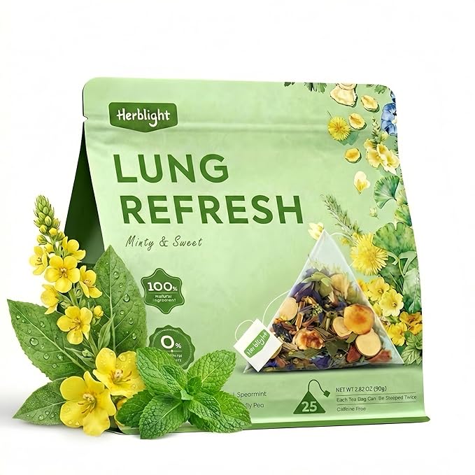 Herblight Mullein Leaf Tea with Monk Fruit, Spearmint & Butterfly Pea - Herbal Respiratory Support & Breath Refresh - Naturally Sweet Mullein Tea for Lungs - Caffeine-Free Whole Leaf Blend (25 Count)