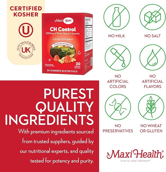 Maxi Health Cholesterol Gummies for Adults – 1200mg Plant Sterols and Stanols Supplements – Kosher and Gluten Free Healthy Cholesterol Supplements – Orange Flavor Gummies (30 Count)