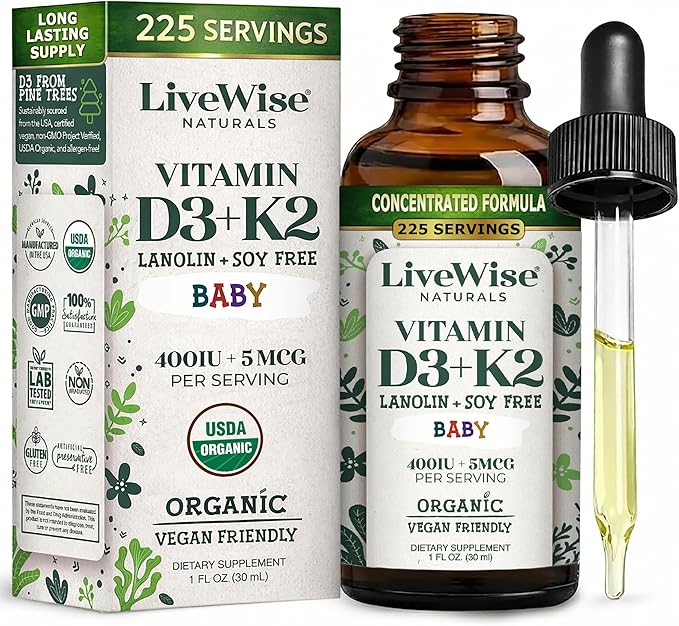 Live Wise Naturals Vitamin D3 K2 Drops for Babies - Concentrated Formulation, 225 Servings at 400 IU, 5 MCG (MK-7), Micro-Dose Dropper, Gentle Daily Supplementation, Early Development & Precise Dosing