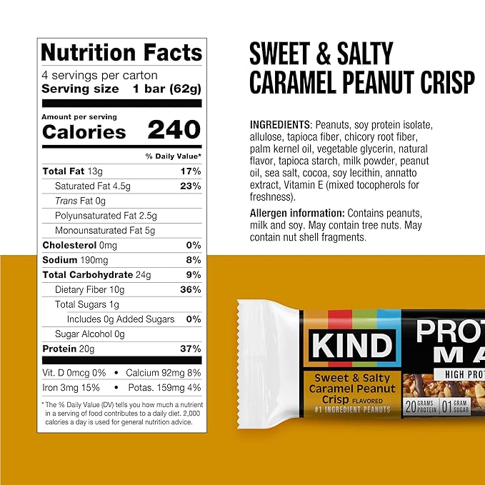 KIND Protein MAX Sweet & Salty Caramel Peanut Crisp Snack Bars, 20g of Protein, Keto Friendly, 1g of Sugar Per Bar, Gluten Free, 4 Count Box
