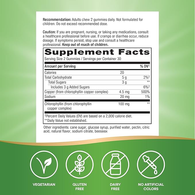 Nature’s Way Chlorofresh Chlorophyll Gummies, Supports Healthy Skin and Body Detox*, Internal Deodorant*, Orchard Fruit Flavored, 60 Gummies