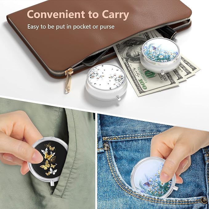 3 Pack Pill Box, Small Pill Case for Purse & Pocket, Cute Travel Medicine Organizer, Portable Medicine Container Holder to Hold Vitamins, Medication, Fish Oil & Supplement, Butterfly