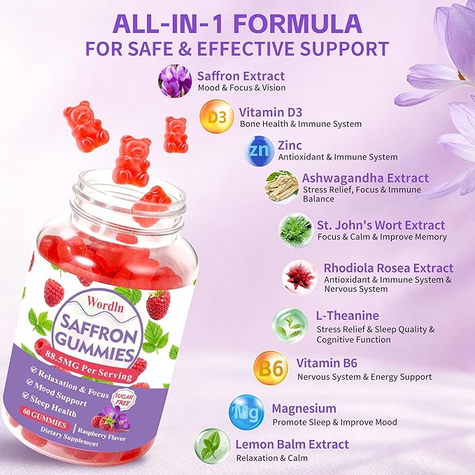 Saffron Gummies for Adults & Kids, Saffron Supplements with 88.5mg Saffron Extract, Ashwagandha, L-Theanine for Relaxation, Focus and Mood Support, Sugar Free, 60 Count