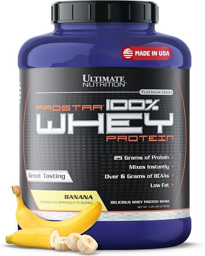 Ultimate Nutrition Prostar Whey Protein Powder Isolate, Banana - Low Carb, High Protein Powder Shake for Muscle Gain & Recovery - Low Sodium, Low-Fat & Keto Friendly - 5.28 lbs Tub