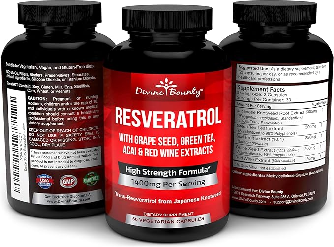 Resveratrol Supplement - 1400mg Extra Strength Formula with Grape Seed Extract and Green Tea Extract - 60 Veggie Capsules