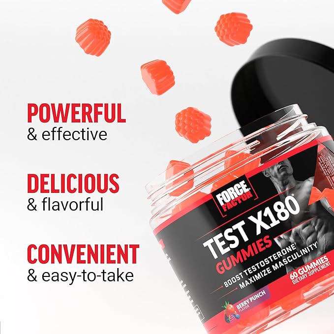 Force Factor Test X180 Gummies Testosterone Booster for Men with Tongkat Ali, Horny Goat Weed, Tribulus Terrestris, Fenugreek, & Black Maca, Supplement Men, Berry Punch, 60 Gummies, 1-Pack