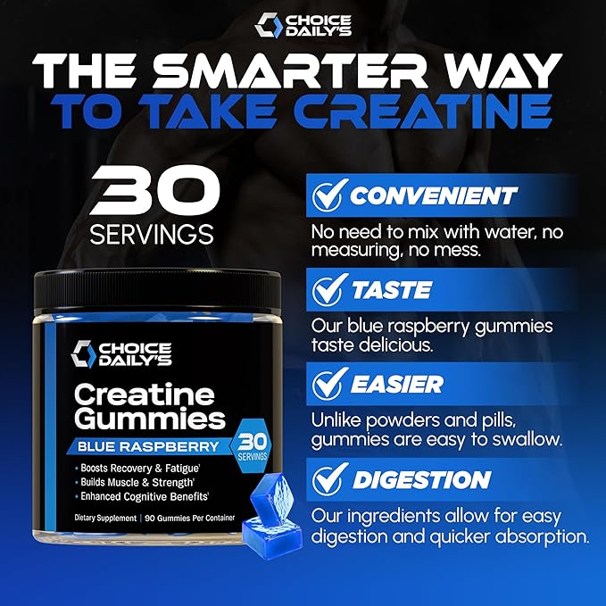 Creatine Gummies - 90 Vegan Friendly Chews - USA Made - Boosts Recovery - Builds Muscle - Enhanced Cognitive Benefits (Large, Blue Raspberry)