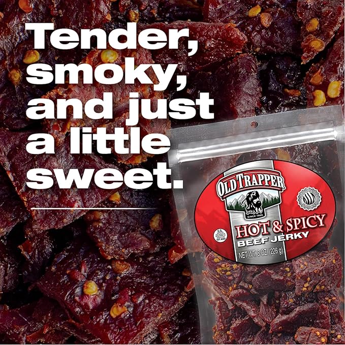 Old Trapper Beef Jerky, Hot & Spicy 8 Ounce Individual Pack, Tender and Spicy Meat Snacks for Lunches or Between Meals, 11 Grams of Protein and 70 Calories per Serving (Pack of One)
