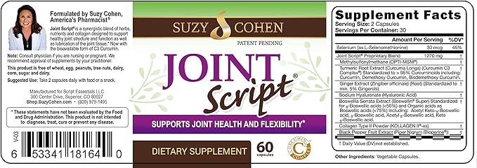 Suzy Cohen Joint Script Joint Support Supplement with Hyaluronic Acid, C3 Curcumin Turmeric Extract, MSM, Collagen Peptides, Ginger, and Boswellia for Maximum Flexibility, Tendon and Cartilage Health