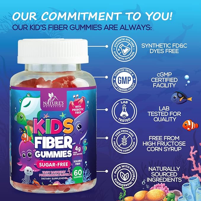 Kids Fiber Gummies – Sugar Free Prebiotic Plant-Based Fiber 4g per Serving Supplement - Improved Soluble Formula Supports Digestive Health & Regularity - Natural Berry Flavor Chewable - 60 Gummies