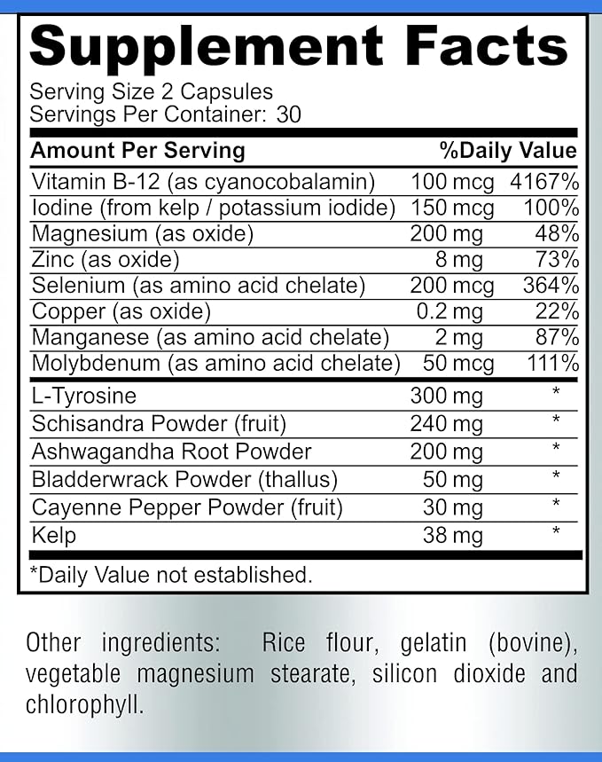 Thyroid Support with Iodine - Metabolism Booster, Energy Booster, Increase Focus - Premium Non-GMO Thyroid Supplement 60 Capsules