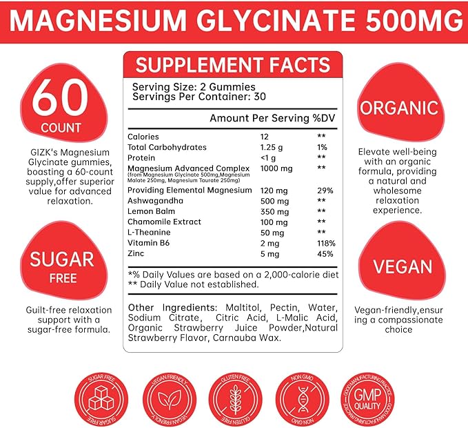 Magnesium Glycinate Gummies 500mg – Sugar Free Magnesium Gummies with L-Theanine - Sleep, Calm, Stress Relief for Adults & Kids 4+, Vegan, No Melatonin (Strawberry Flavor, 120 Count)