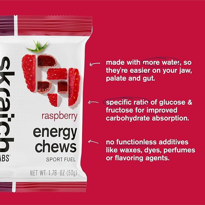 Skratch Labs Energy Chews | Gummies for Running, Cycling & Endurance Quick Carbs for Athletes, Easy to Digest, Real Fruit | Gel Alternative for Runs & Rides | Raspberry 10 Pack | Gluten Free, Vegan