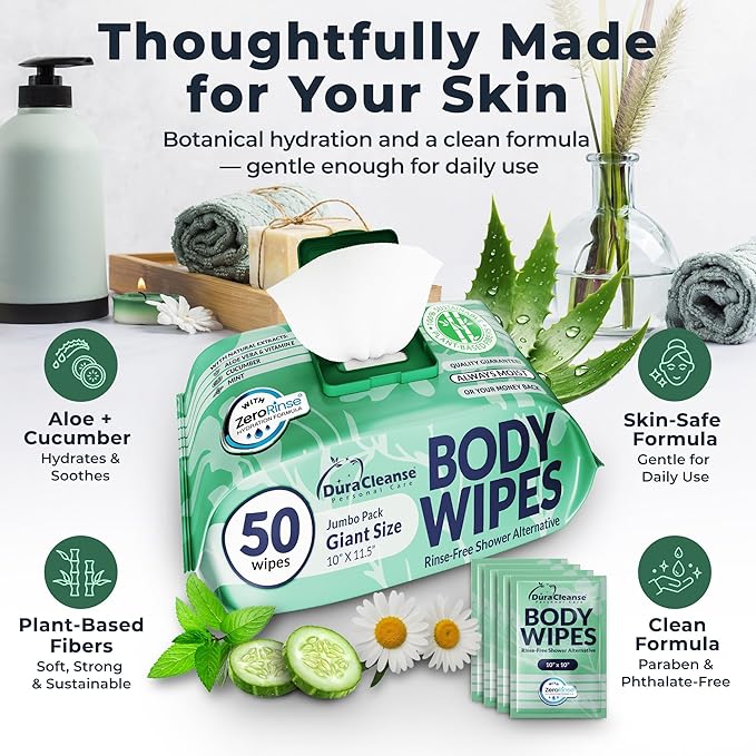 Body Wipes for Women, Extra Moist No Rinse Bathing Sheets 4pk, 200 XL Shower Cloths + 16 Deodorizing Bath Wipes -10 x 11.5" Travel Size Essentials,Toiletries for Womens Hygiene & Post Workout Cleanup