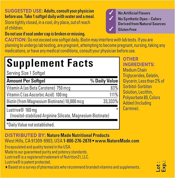 Nature Made Hair-Growth Softgels, Clinically Studied Lustriva + Biotin, Vitamin C & A, Hairs Growth Vitamins - Support Healthy Hair as You Age, 30 Softgels, 30 Day Supply, (Pack of 2)