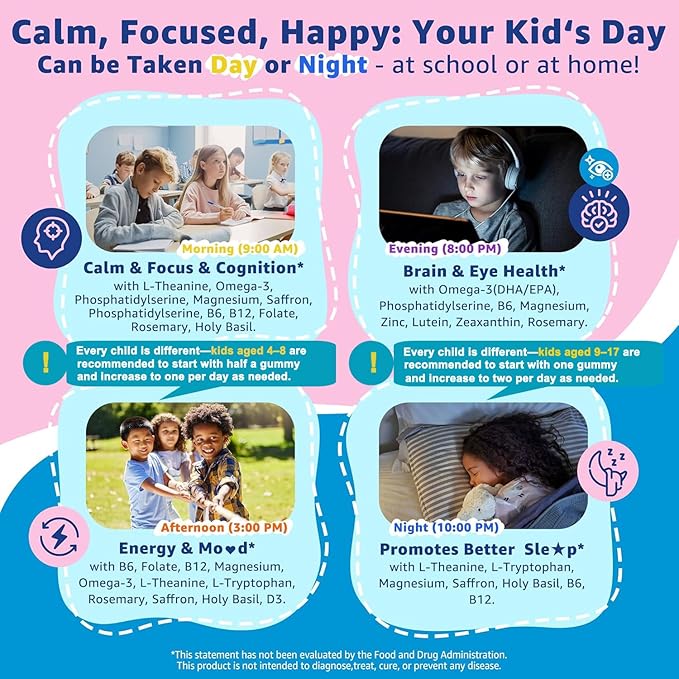 Saffron + Magnesium Glycinate+ Omega-3 - Calm Focus Gummies for Kids 4+, Saffron Extract Supplement with L-Theanine, Holy Basil, Rosemary, B6, B9, B12, D3 for Happy Mood, Cognition, ZZz, Sugar Free