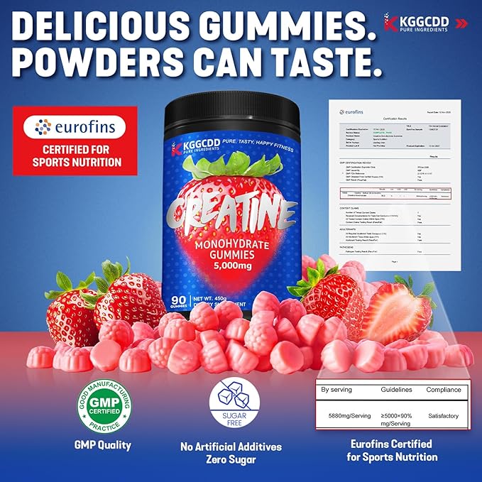 99.99% Creatine Monohydrate Gummies for Men & Women, 5,000mg Tasty Creatine Gummies for Muscle Strength, Endurance, Recovery & Sugar Free, Gluten-Free, Vegan, Non-GMO, 90 Count