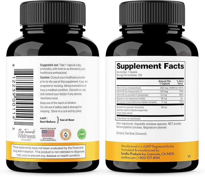 Sandhu's Vitamin D3 K2 Magnesium 10000 IU, 120mcg K2 Capsules 120 Count (Pack of 3) | with VIT B6, Zinc & Quercetin | D3K2 Supports Superior Absorption, Energy, Immune, Muscle Health for Men & Women