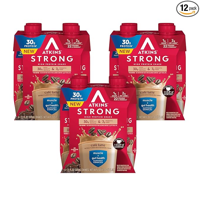 Atkins Strong High Protein Shake, Café Latte Flavored, 30g Protein, 7g Prebiotic Fiber, 1g Sugar, Muscle and Gut Health Support, GLP-1 Support, Low Carb and Low Sugar Coffee Protein Shake, Keto Friendly, 12 Count