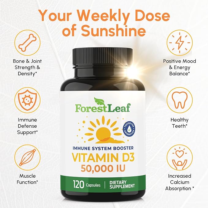 ForestLeaf - Vitamin D3 IU Weekly Supplement - Vitamin D Capsules for Bones, Teeth, and Immune Support - Easy Swallow Pure Vitamin D3 Caps (50,000 IU - 120 Count - 2 Pack)
