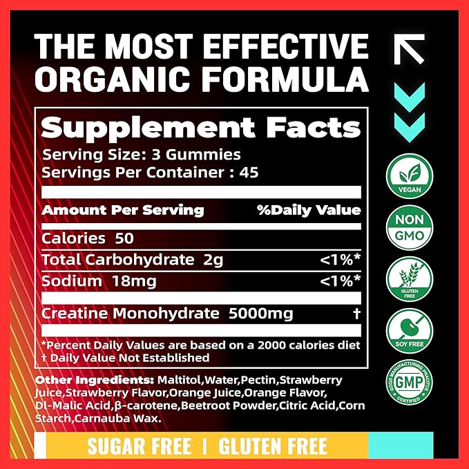 NSF Certified Creatine Gummy 5g - Creatine Monohydrate Gummies – Pre-Workout Energy & Muscle Growth Support for Men & Women | Strawberry Orange Electrolyte Gummies (135 Count)