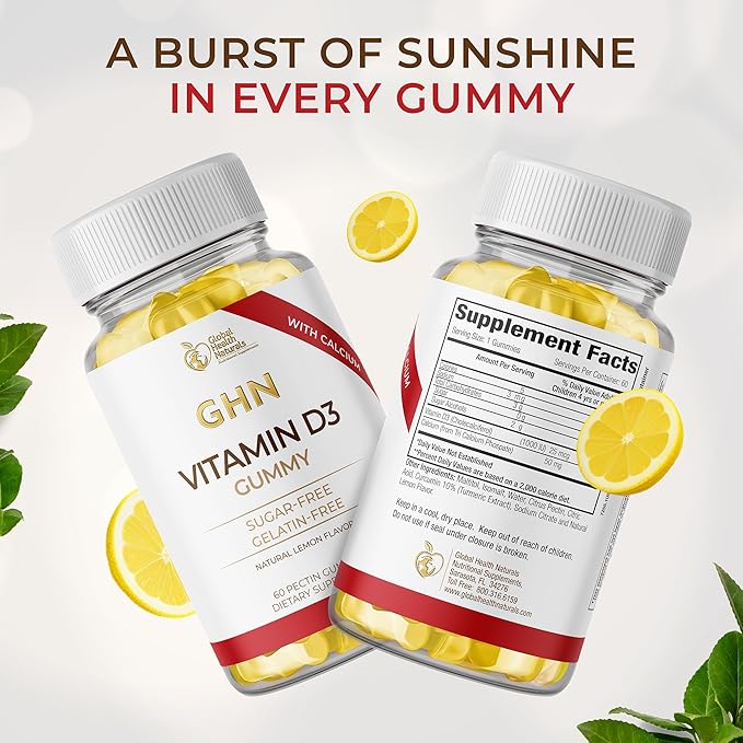 Sugar Free Vitamin D3 Gummies for Adults - Vegan Pectin-Based Gummy Vitamin D - 1,000 IU Natural Lemon Flavor - Gluten Free, Dairy Free, Soy Free Daily D3 Gummies for Women & Men - 60 Count