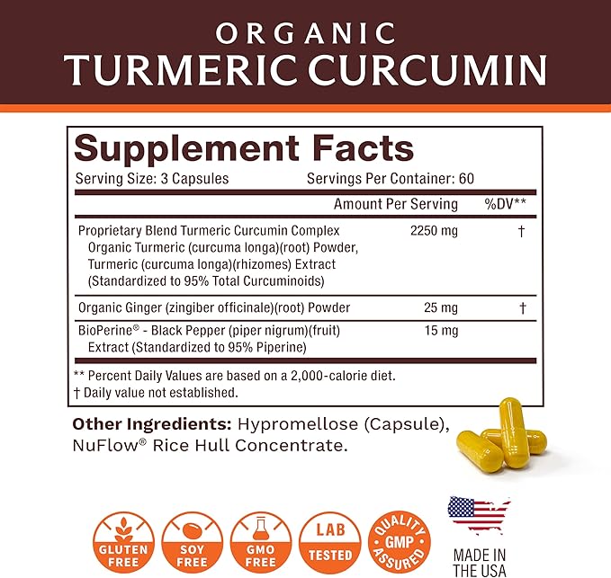Life's Fortune Organic Turmeric Curcumin with Black Pepper and Ginger, Enhanced Absorption, Extra Strength Supplement, Joint & Immune Support, Non-GMO, 180 Cap - 2250mg