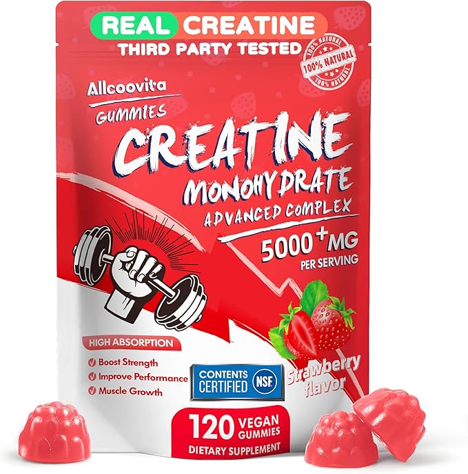 NSF Certified Creatine Gummy - Creatine Monohydrate Gummies 5000mg for Men & Women -120 Gummies Advanced Formula, Muscle Strength, Muscle Builder, Energy Boost, Pre-Workout Supplement-Strawberry