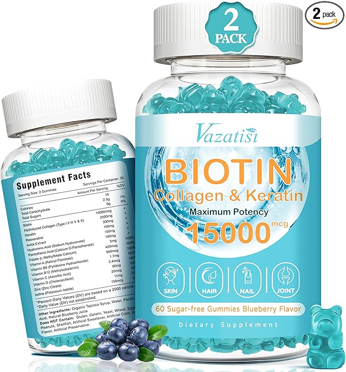 Biotin with Collagen Gummies, Hair Skin and Nails Vitamins Gummies for Hair Growth, Glowing Skin & Strong Nails - Blueberry Flavor, Sugar Free, 120 Count