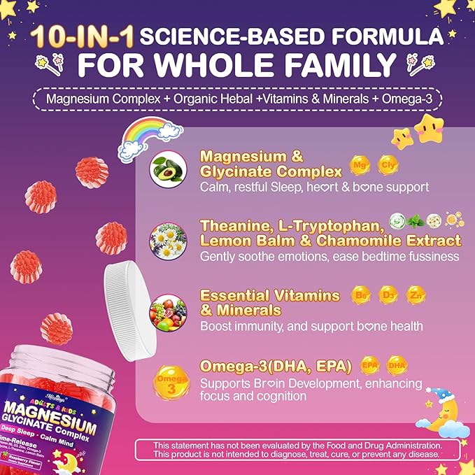 Magnesium Glycinate Gummies for Kids 4+ & Adults, 180 Counts No Melatonin Magnesium Gummies for Sleep & Calm, Sugar Free Vegan with Glycine, L-Theanine, B6, D3, Zinc & Omega 3 - Raspberry Flavor