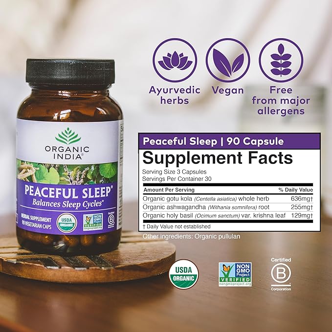 ORGANIC INDIA Peaceful Sleep Herbal Supplement - Deep Sleep Aid for Adults, Natural Herbal Aid Without Melatonin, Supports Circadian Rhythm, USDA Certified Organic, Non-GMO - 90 Capsules