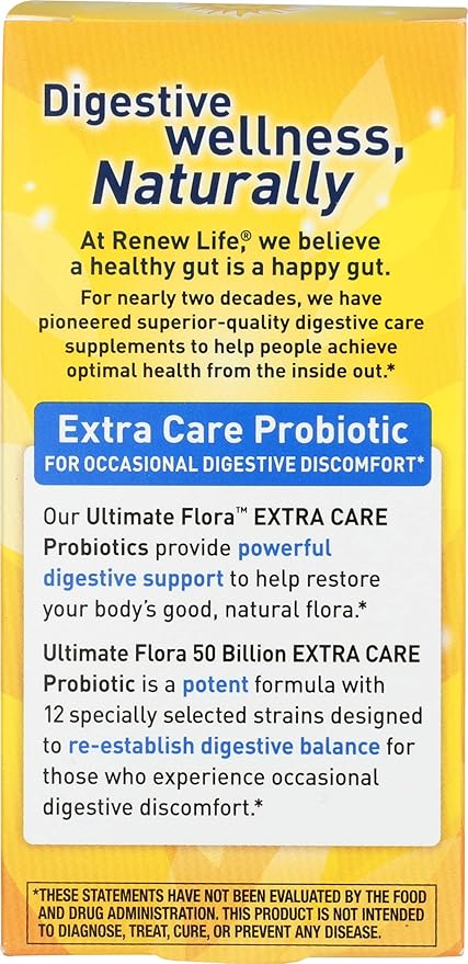 Renew Life Extra Care Digestive Probiotic Capsules, 50 Billion CFU Guaranteed, Daily Supplement Supports Immune, Digestive, Respiratory Health(1), L. Rhamnosus GG, Dairy, Soy and Gluten-Free, 30 Count