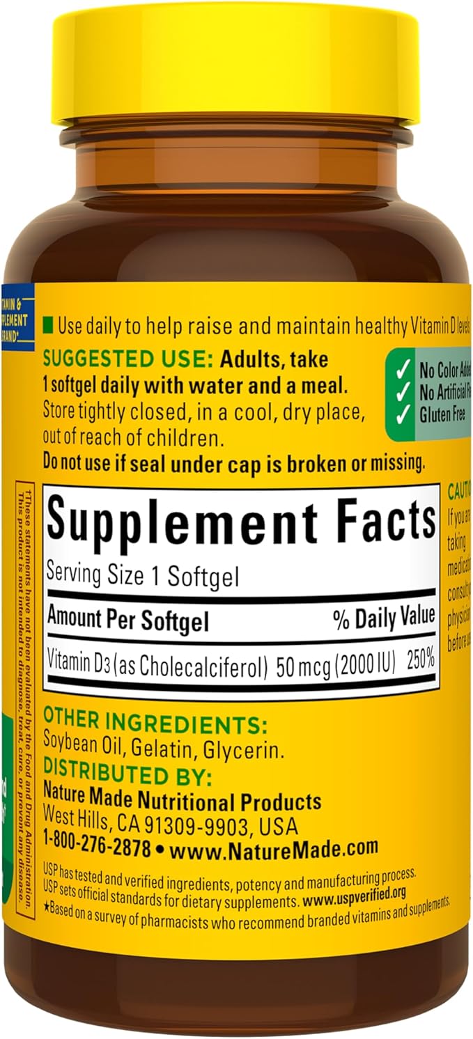Nature Made Vitamin D3 2000 IU (50 mcg), Vitamin D Supplement for Bone, Teeth, Muscle and Immune Health Support, 90 Softgels, 90 Day Supply