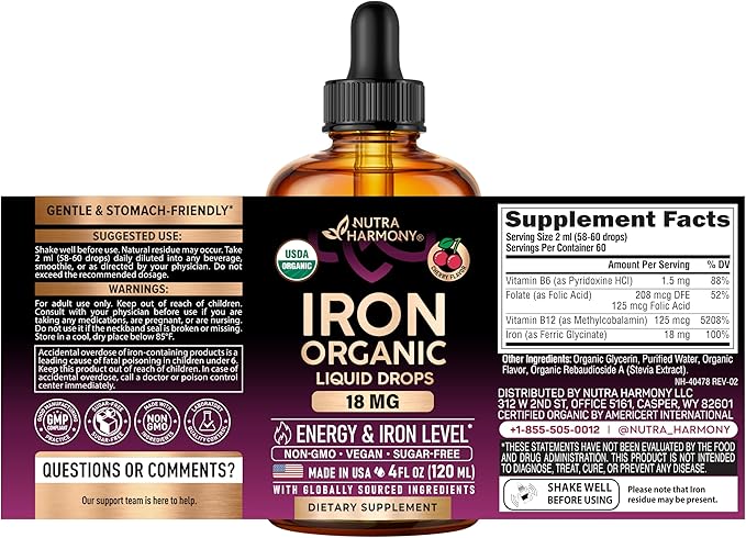 Liquid Iron Supplement for Women 18 mg - USDA Organic Drops, USA-Made - with Folate, Vitamin B12 & B6 - Iron Level & Energy - Gentle & High Absorption Glycinate Form - Cherry Flavor, Sugar-Free, 4 oz