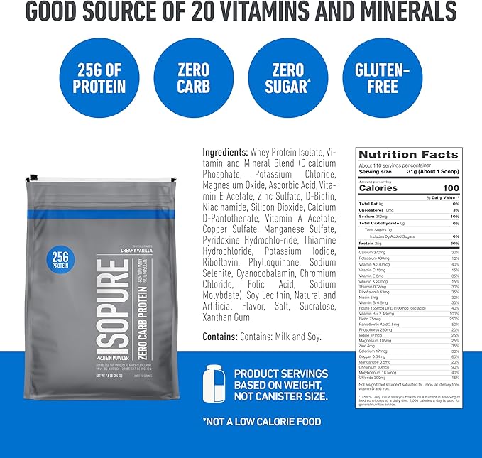 Isopure Zero Carb 100% Pure Whey Isolate Protein Powder, Gluten Free, With Vitamins, Creamy Vanilla, 25g Protein Per Serving, 7.5 Lbs, 110 Servings (Packaging May Vary)