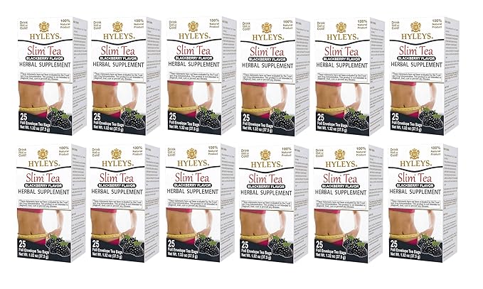 Hyleys Slim Tea Blackberry Flavor - Weight Loss Herbal Supplement Cleanse and Detox - 25 Tea Bags (12 Pack)