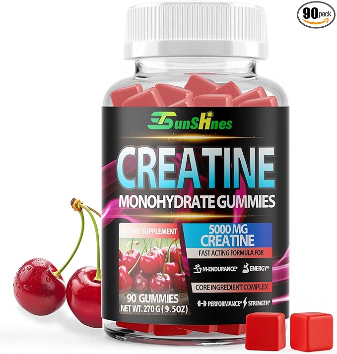 Creatine Monohydrate Gummies 5g (5000mg), Sugar-Free Creatine, Pre-Workout Energy, Veg, Non-GMO, for Men & Women - 90 Count Cherry Flavor
