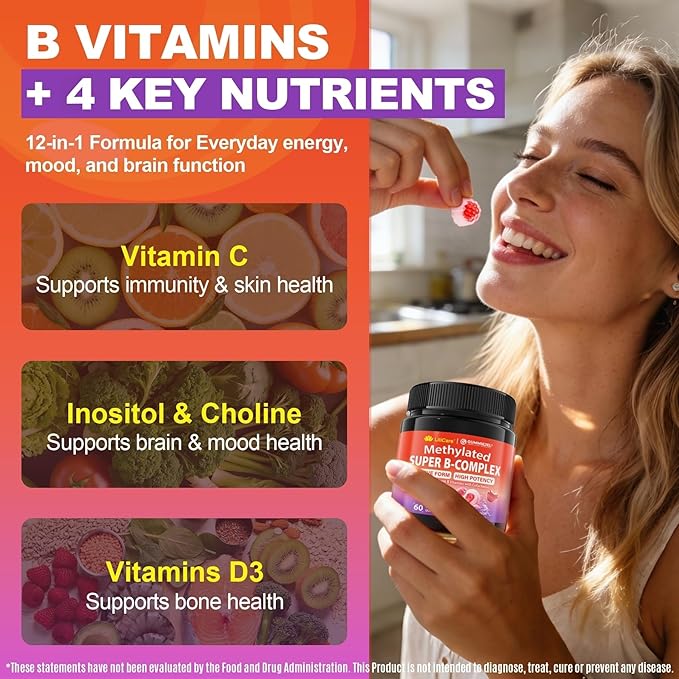Methylated B Complex Vitamins Gummies, 12-in-1 Formula + Methyl B12 1000 mcg, 5-MTHF Methylfolate, Inositol, Choline, Vitamin C, D3, Multivitamin B Complex for Women & Men, Energy, Focus, 60cts