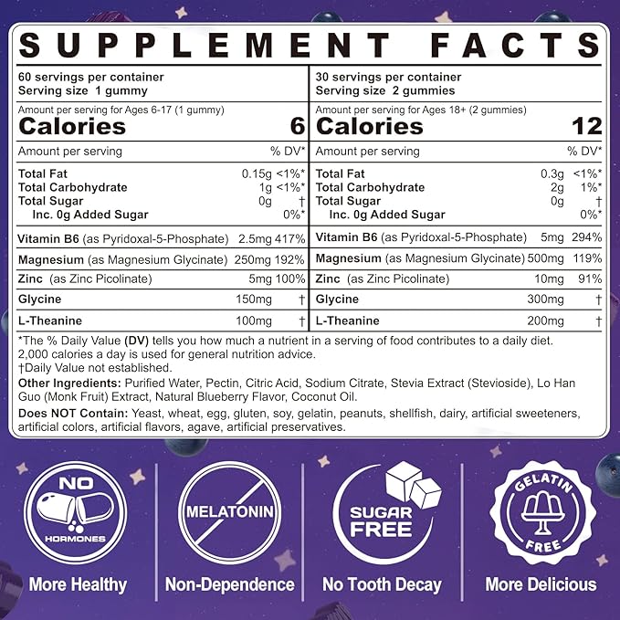 Magnesium Glycinate Gummies for Kids 6+ & Adults, Kids Magnesium Sleep Aid Gummies 500mg/250mg with L Theanine, B6, Glycine, Zinc for Sleep, Calm, Relax Brain, Muscle, Melotonin Free, Sugar Free, 60Ct