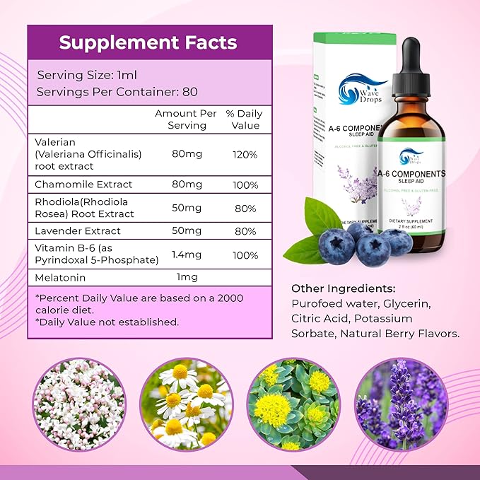 "Sleep Aid Drops Special Formula with Valerian Root, Melatonin, Chamomile, Lavender, Rhodiola Rose, and Vitamin B6 Sleep Support