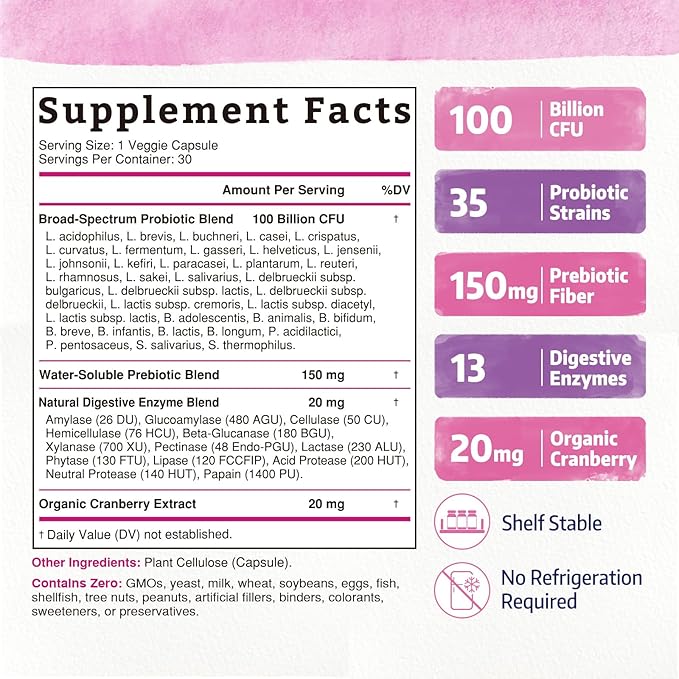 Bonawell Probiotics for Women 100B, with Prebiotics, Digestive Enzymes, Organic Cranberry, Shelf-Stable, 30 Veggie Caps